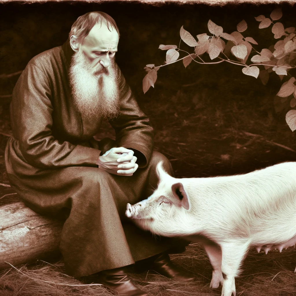 Ledsen Tolstoj bredvid en gris.
