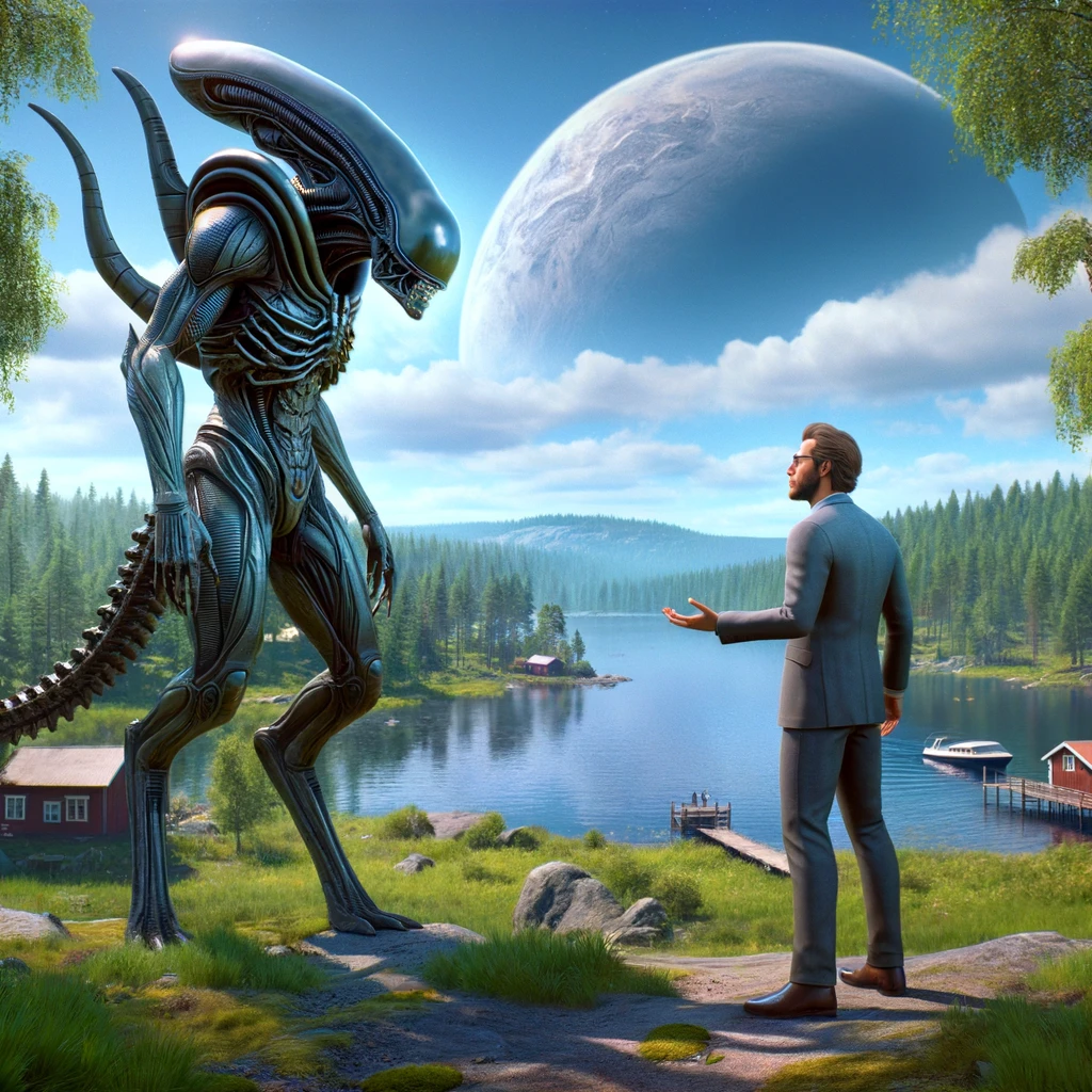 En människa står framför en stor, futuristisk utomjordisk varelse vid namn Xylar i en idyllisk svensk landsbygdsmiljö, med gröna skogar och en sjö i bakgrunden under en klarblå himmel. Människan gestikulerar välkomnande för att inleda en fredlig dialog.