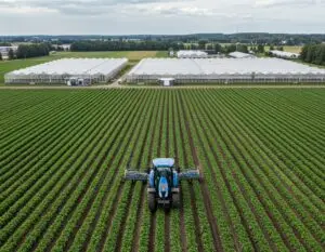 Åker med traktor och vita växthus i bakgrunden