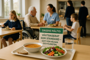 En ljus och inbjudande skolmatsal i Sverige, med naturligt ljus som strömmar in genom stora fönster. I förgrunden står en lunchbricka med växtbaserad mat: linssoppa, fullkornsbröd, en färgglad sallad och vatten i ett glas. I bakgrunden syns en blandad grupp människor – barn i skoluniform, en äldre person i rullstol och en vårdpersonal med namnbricka – alla äter eller står i kö vid en serveringsdisk. På en skylt i bakgrunden står det: ”Dagens måltid: Växtbaserat som standard – gott för hälsan och planeten”. Atmosfären ska vara varm, inkluderande och vardaglig.