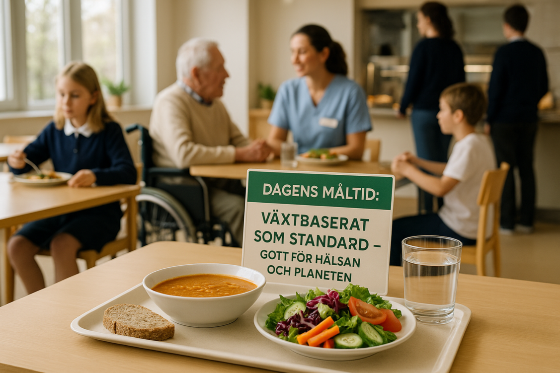 En ljus och inbjudande skolmatsal i Sverige, med naturligt ljus som strömmar in genom stora fönster. I förgrunden står en lunchbricka med växtbaserad mat: linssoppa, fullkornsbröd, en färgglad sallad och vatten i ett glas. I bakgrunden syns en blandad grupp människor – barn i skoluniform, en äldre person i rullstol och en vårdpersonal med namnbricka – alla äter eller står i kö vid en serveringsdisk. På en skylt i bakgrunden står det: ”Dagens måltid: Växtbaserat som standard – gott för hälsan och planeten”. Atmosfären ska vara varm, inkluderande och vardaglig.