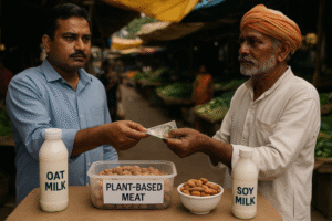 Ett livligt marknadssceneri i Indien där en man köper växtbaserade produkter som havremjölk, sojamjölk, mandlar och växtbaserat kött från en försäljare i traditionella kläder.