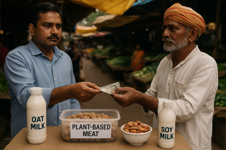 Ett livligt marknadssceneri i Indien där en man köper växtbaserade produkter som havremjölk, sojamjölk, mandlar och växtbaserat kött från en försäljare i traditionella kläder.