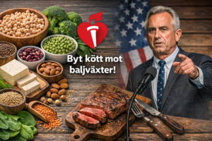AHA kostråd 2026 motsäger Kennedy: växtbaserad mat, baljäxter och AHA-logotyp bredvid bild på Robert F. Kennedy