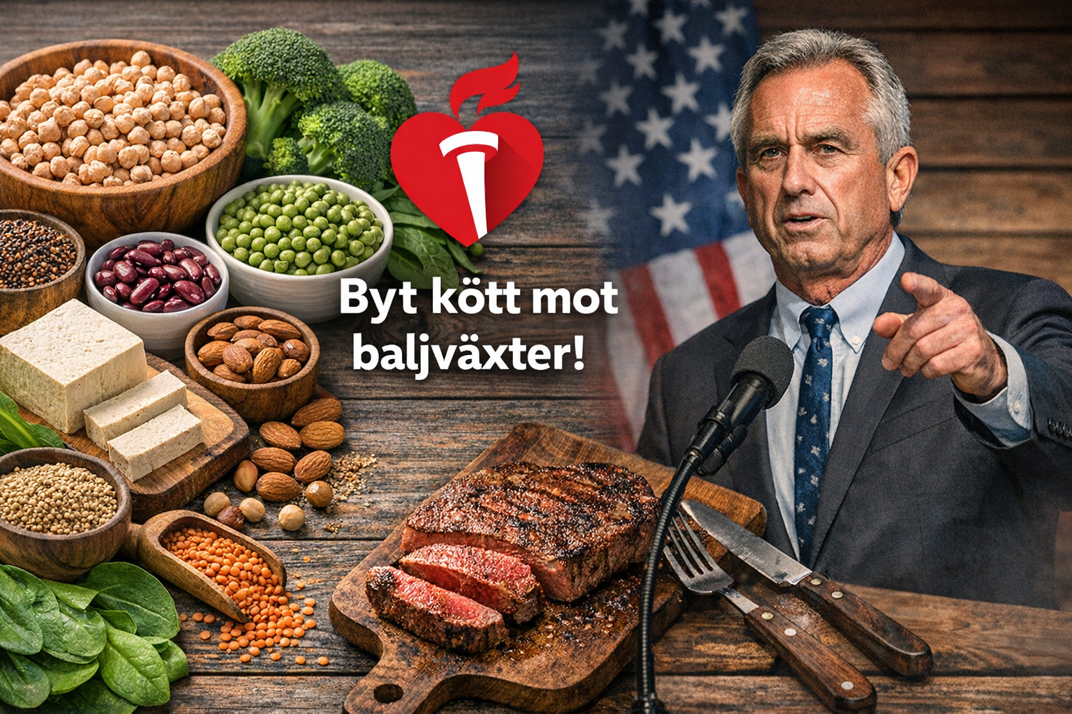 AHA kostråd 2026 motsäger Kennedy: växtbaserad mat, baljäxter och AHA-logotyp bredvid bild på Robert F. Kennedy